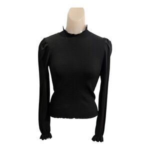 Chic Black Textured top with puffed sleeves and ruffle details size XS